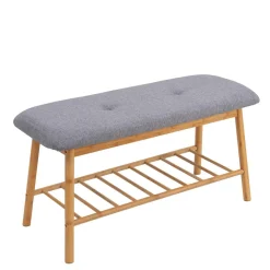 Banco gris con zapatero de bambú