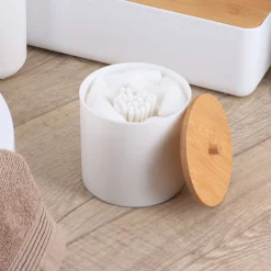 Bote Blanco Con Tapa De Bambú