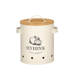 Caja para cebollas crema metálica con tapa bambú