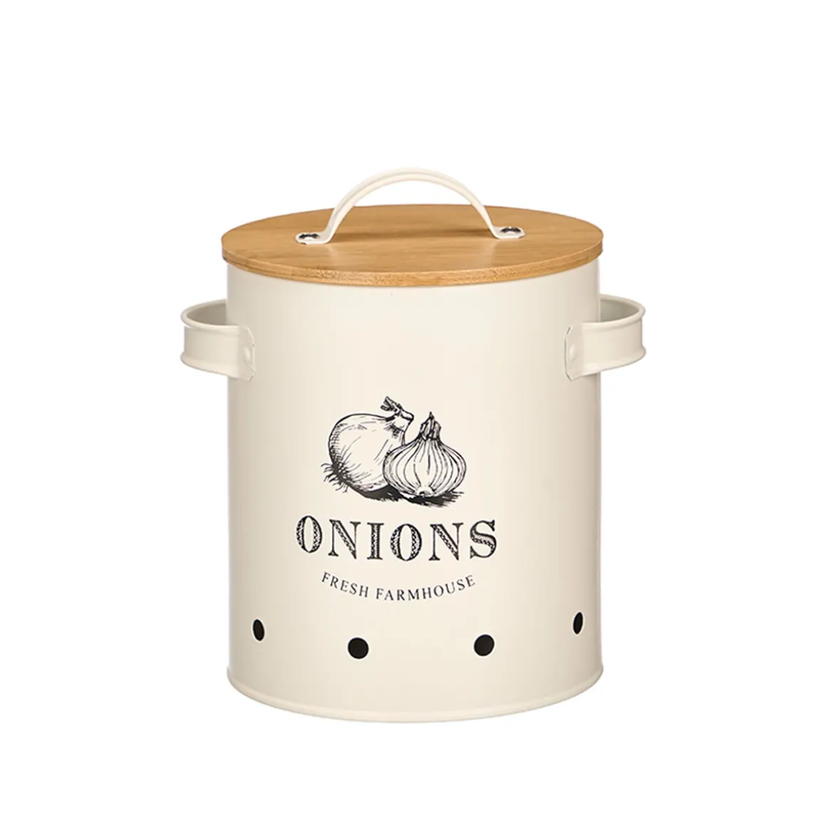 Caja para cebollas crema metálica con tapa bambú