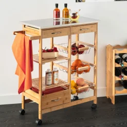 Carrito auxiliar de bambú con 3 cajones