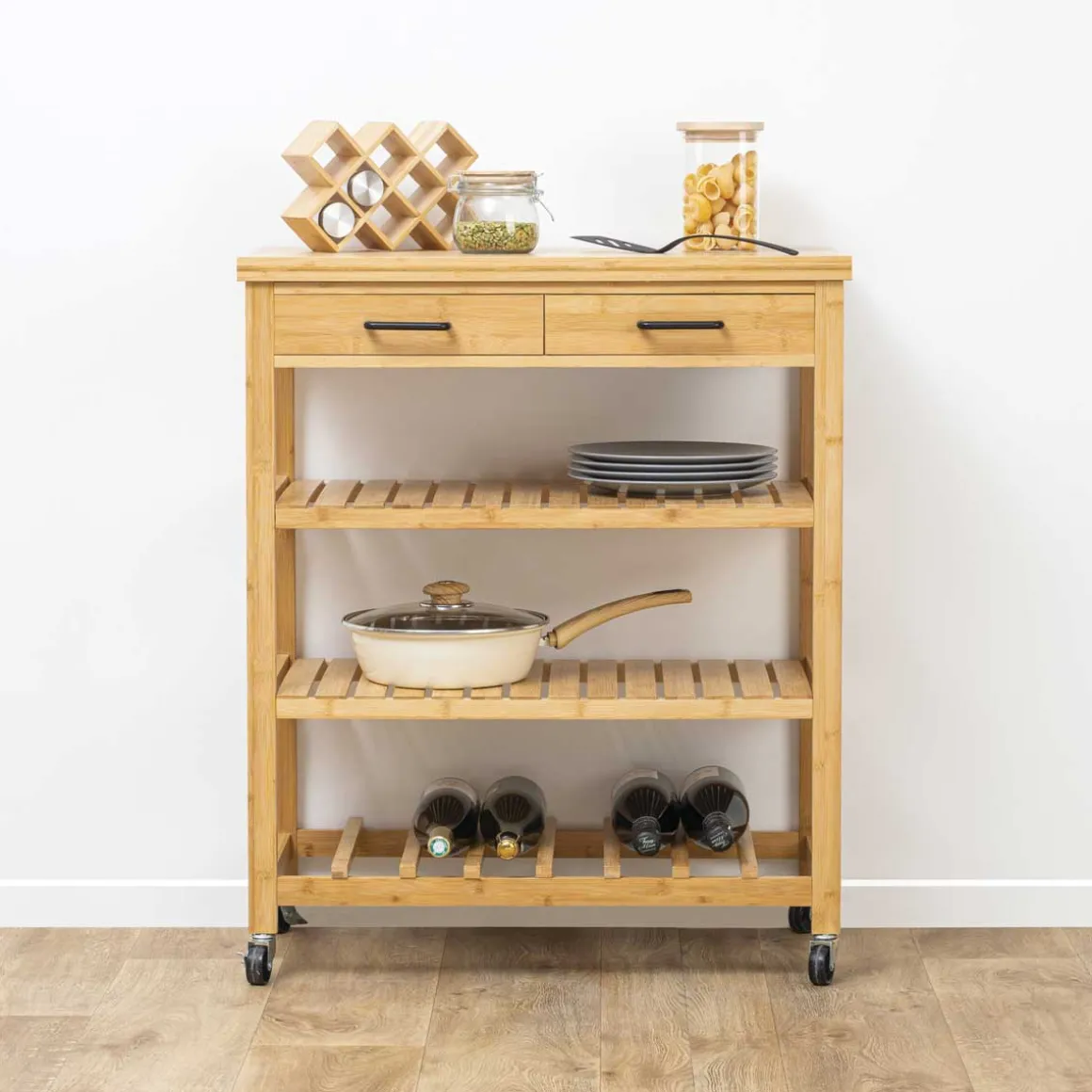 Carrito auxiliar de cocina de bambú c/3 estantes