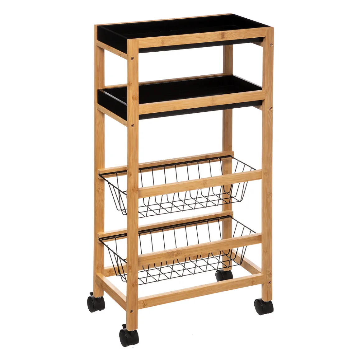 Carrito multiusos de bambú c/2 bandejas y 2 cestas