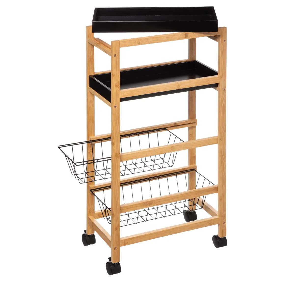 Carrito multiusos de bambú c/2 bandejas y 2 cestas