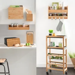 Carrito multiusos de bambú c/2 bandejas y 2 cestas