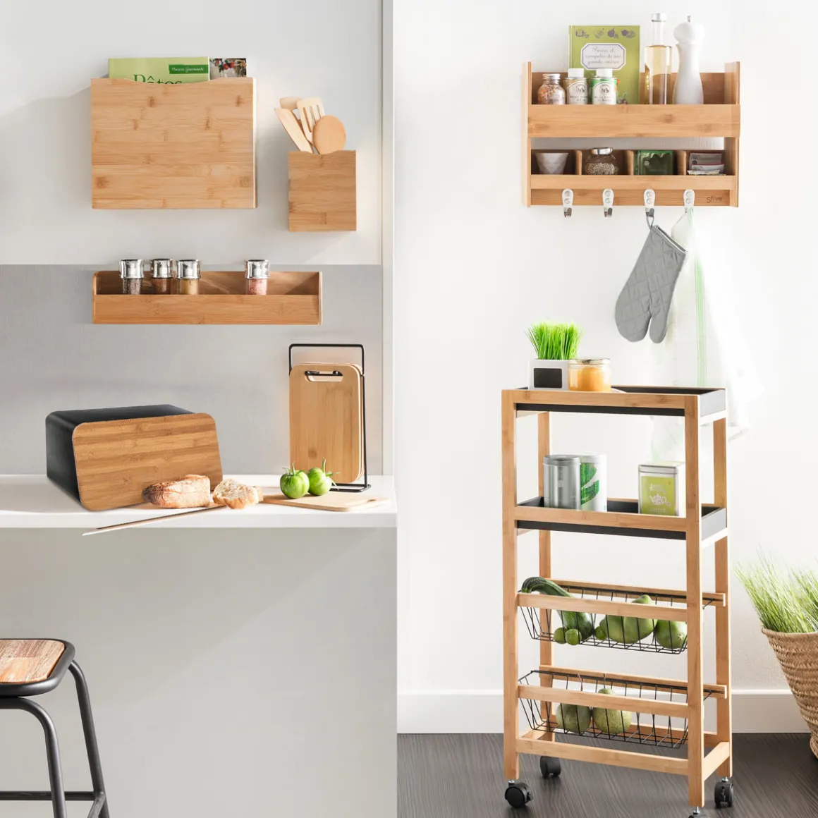 Carrito multiusos de bambú c/2 bandejas y 2 cestas