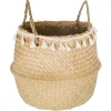 Cesto seagrass natural con pompones y asas