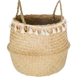 Cesto seagrass natural con pompones y asas