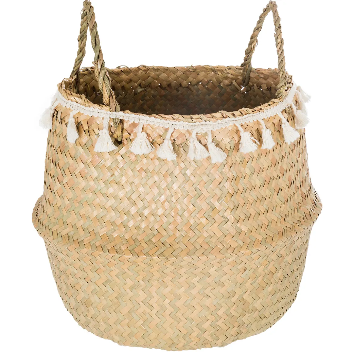 Cesto seagrass natural con pompones y asas
