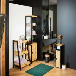 Cubo de basura para baño con tapa de bambú