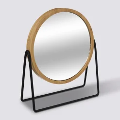 Espejo de baño de bambú con soporte metálico