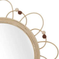Espejo POMME beige de ratán con pompones 38cm