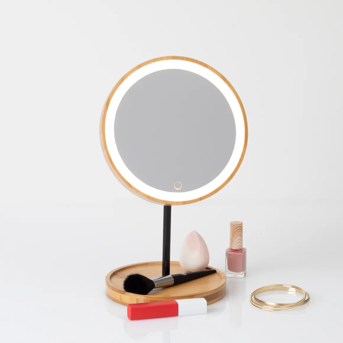 Espejo redondo led con soporte de bambú
