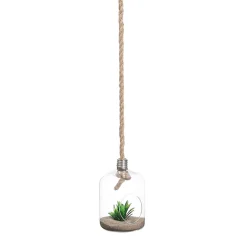 Jarrón vidrio colgante con planta artificial 22cm