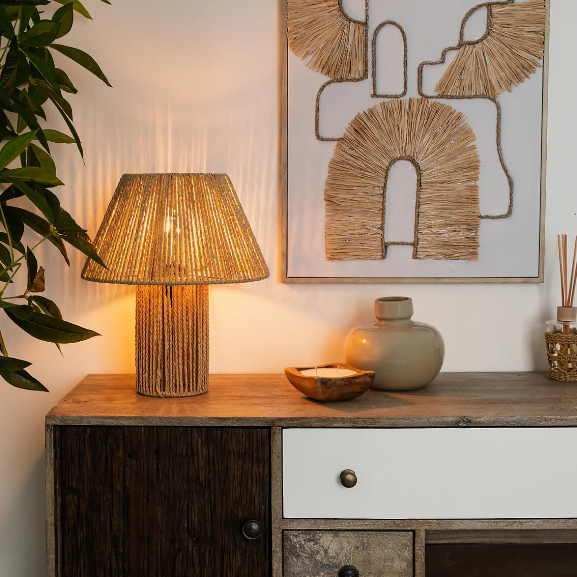 Lámpara De Mesa Adria Beige De Cuerda