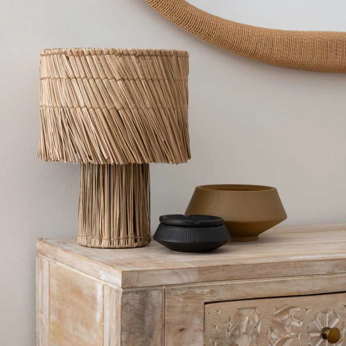 Lámpara De Mesa De Rafia Beige Yoni