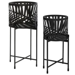 Maceta Con Soporte Negro Con Decoración Hojas 54cm