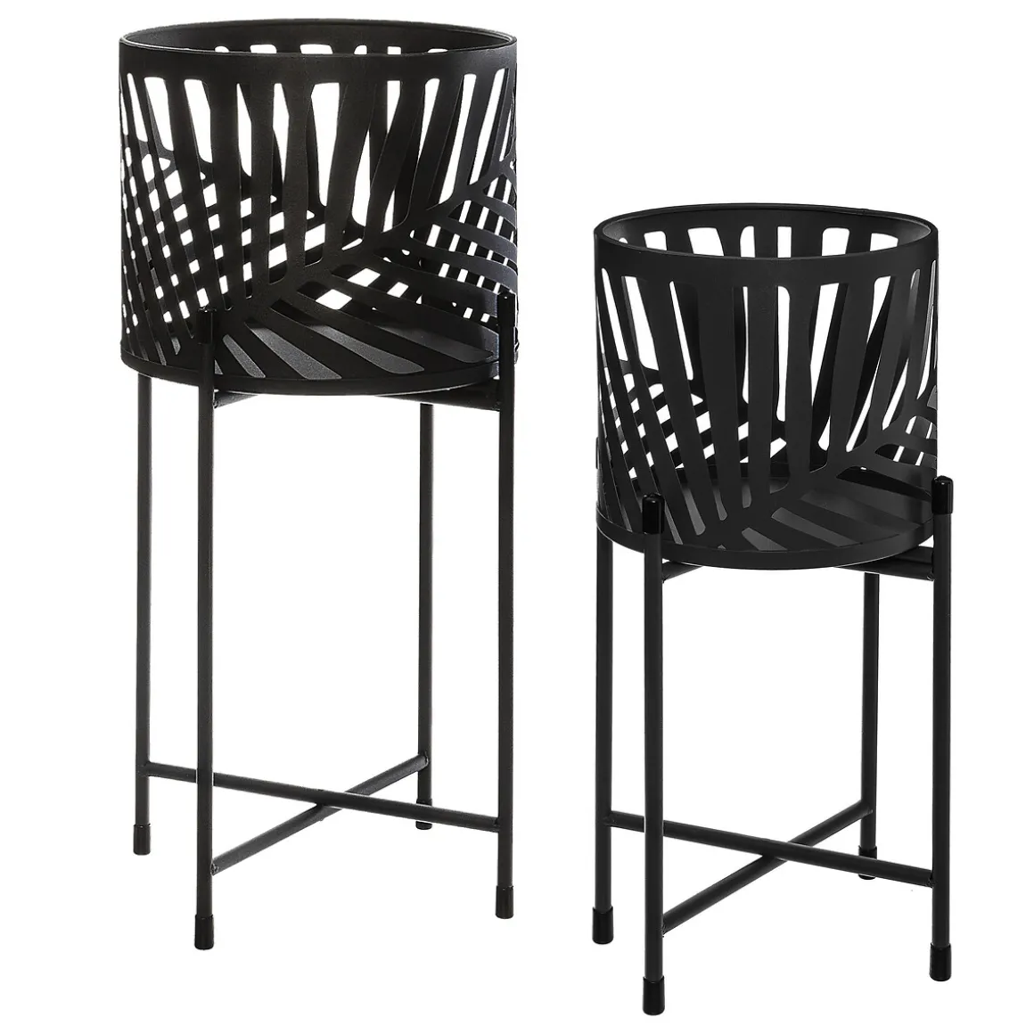 Maceta Con Soporte Negro Con Decoración Hojas 54cm