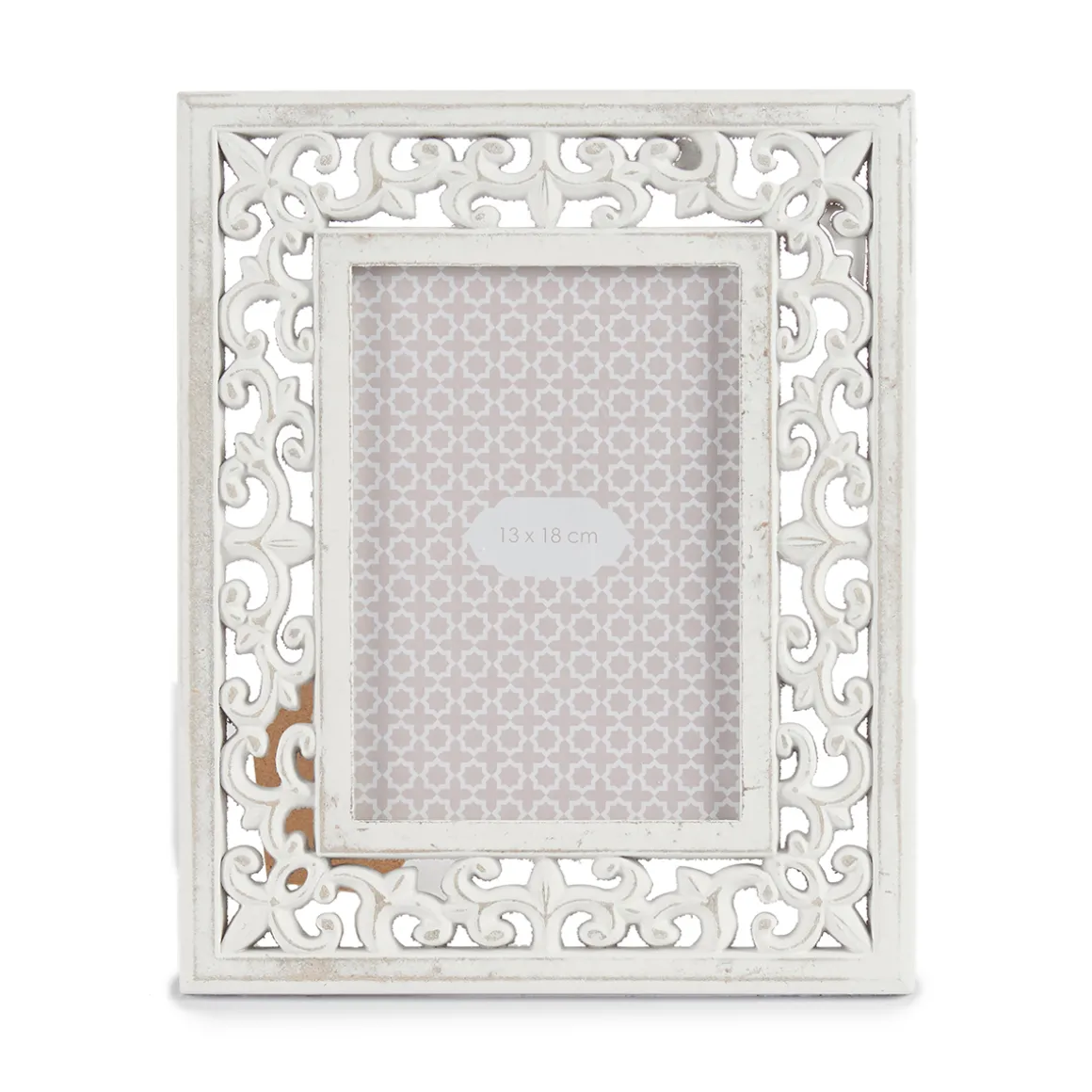 Portarretrato tallado blanco de madera 13x18cm