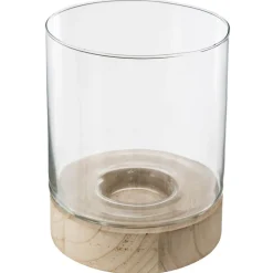 Portavelas Vidrio Base Madera 16x20Cm