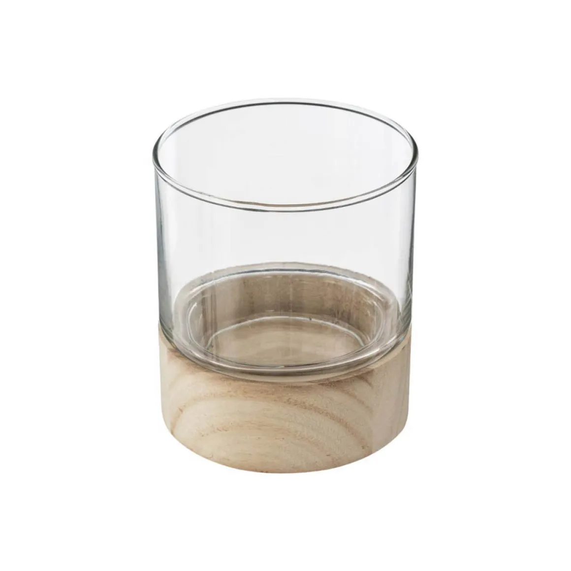 Portavelas Vidrio Base Madera 10x11.5Cm