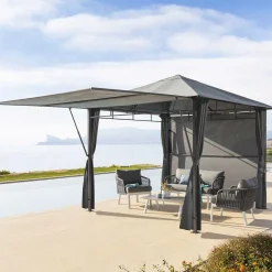 Pérgola OMELYA gris ardósia con cortinas 3x3m