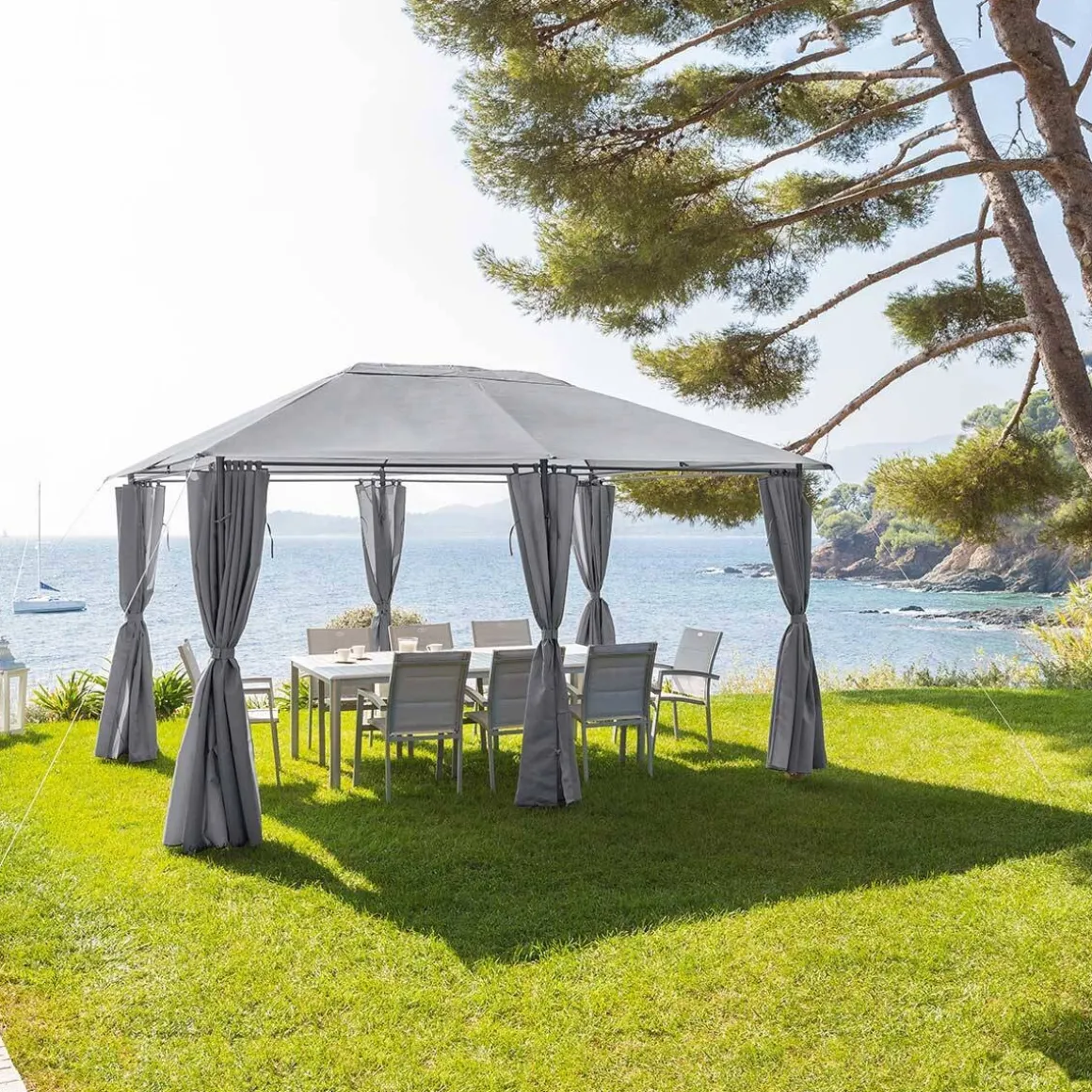 Pérgola SANTORINI gris ardósia con cortinas 3x4m