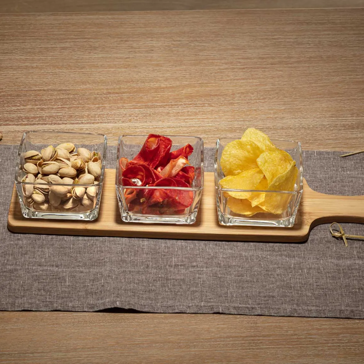 Set 3 Cuencos Vidrio Con Tabla De Bambú