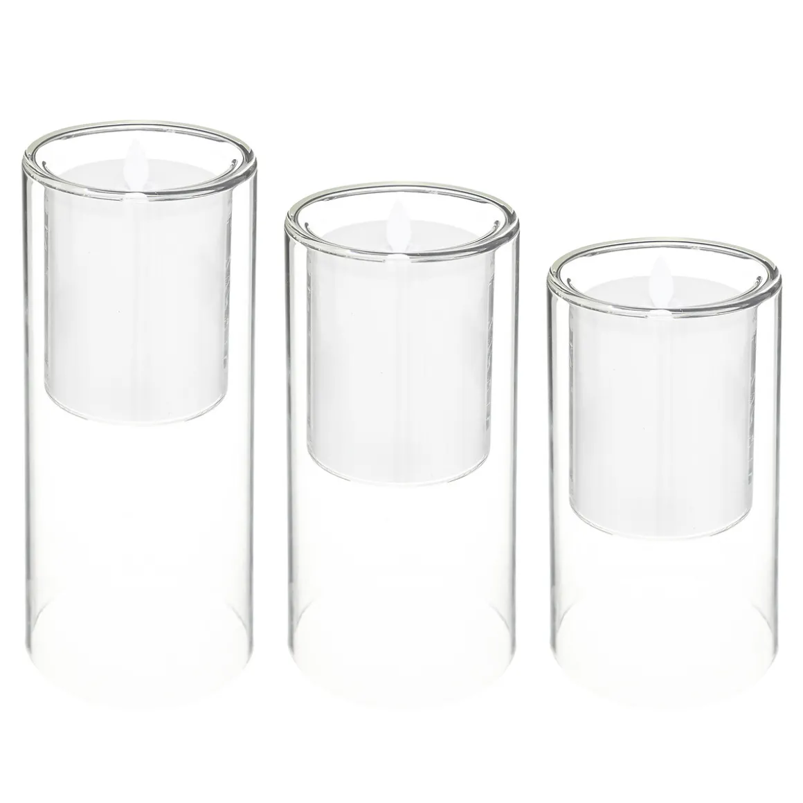 Set 3 velas led con portavelas de vidrio