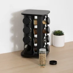 Set de 16 tarros negros con soporte giratorio