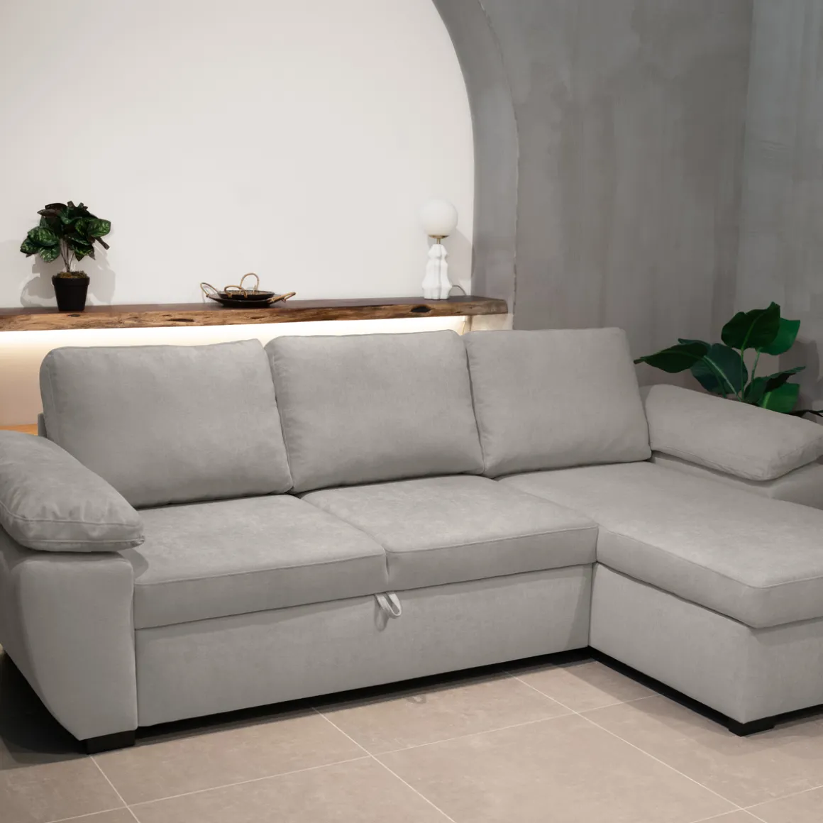 Sofá cama DRESDEN con arcón y chaise longue beige