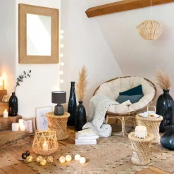 Taburete beige de bambú y cuerda 32Cm