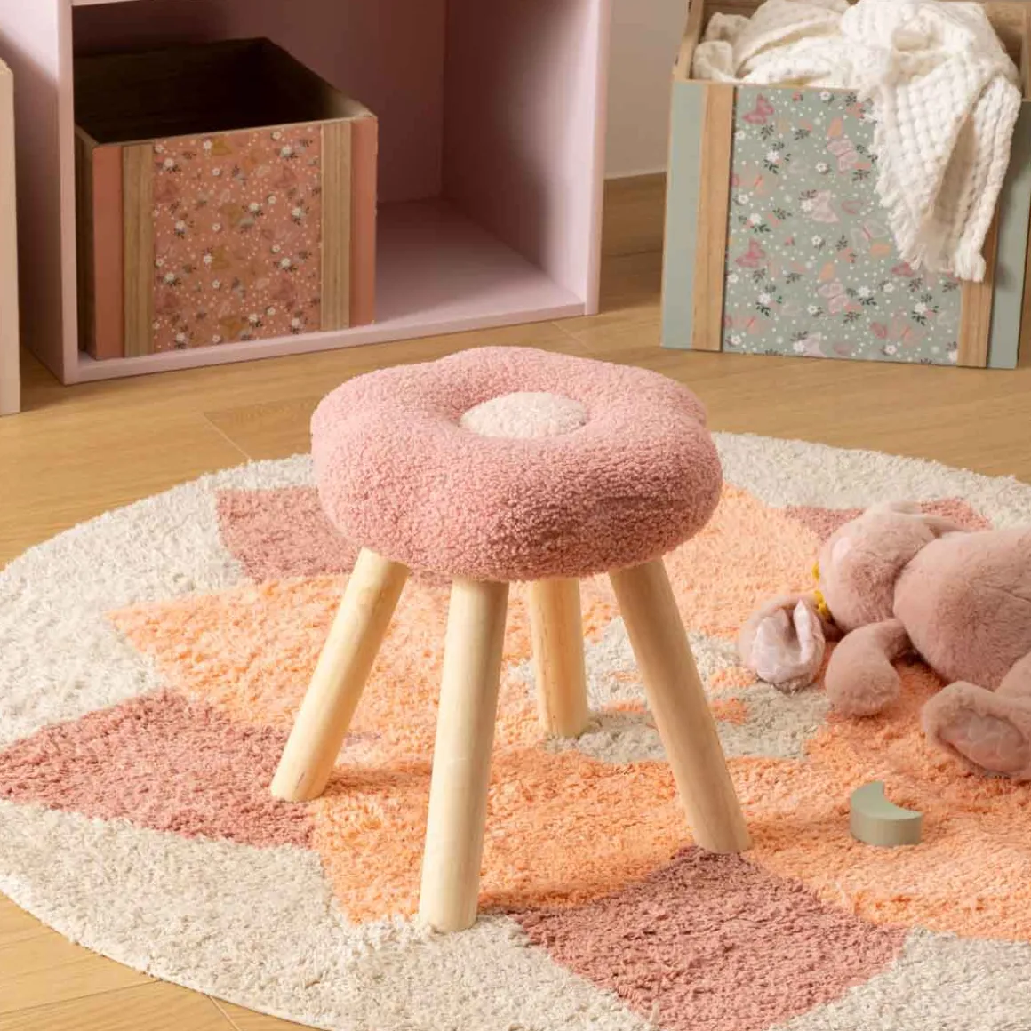 Taburete de felpa rosa forma de flor WILD FOREST